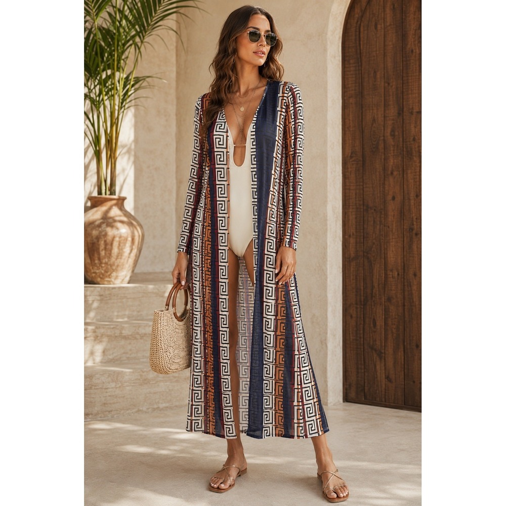Discovery Multicolor Geometric Mesh Duster Cardigan M Sheer Y2K Retro Boho Chic